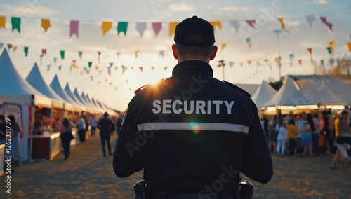 Security guard, festival surveillance and crowd safety at outdoor event, sunset and fairground with tents. Professional monitoring, entertainment venue and public protection for concert safety