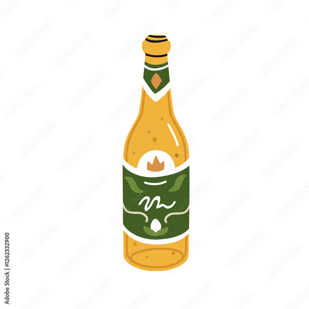 Soda beverage in glass bottle with label. Carbonated drink, alcohol. Bubbling lemonade. Festive sparkling champagne. Fizzy refreshing cider. Flat vector illustration isolated on white background Soda beverage in glass bottle with label. Carbonated drink, alcohol. Bubbling lemonade. Festive sparkling champagne. Fizzy refreshing cider. Flat vector illustration isolated on white background