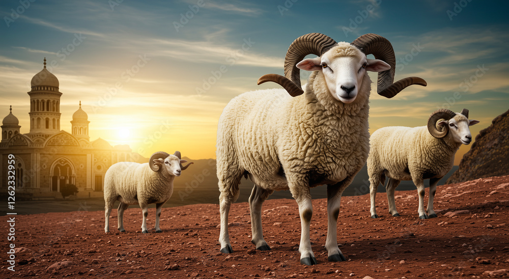 Fototapeta premium Ram and sheep herd in rural landscape at sunset, farm animals grazing in countryside with church silhouette. Agriculture, livestock and pastoral scene for farming, traditional breeding