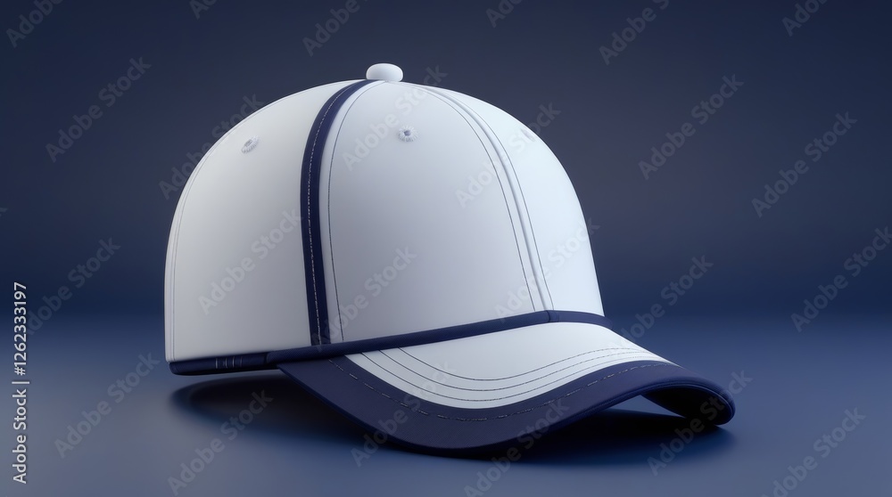 3D rendering of a classic baseball cap, primarily white in color with a prominent navy blue trim 3D rendering of a classic baseball cap, primarily white in color with a prominent navy blue trim