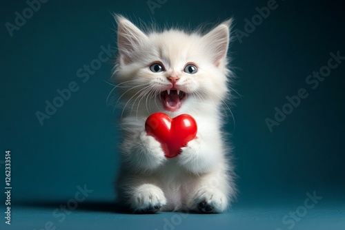 Turkish angora - my cherished cat. Ad campaign visual idea. Cute turkish angora kitty with furry friend toy red heart - emblem of love, funny greeting card. Valentine's day love theme. photo