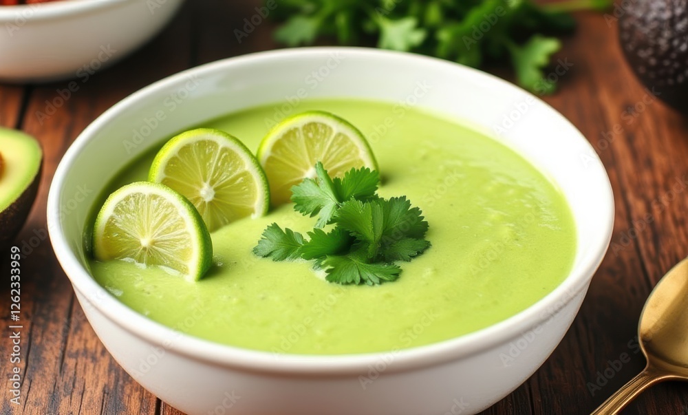 Fresh green soup with lime slices Fresh green soup with lime slices