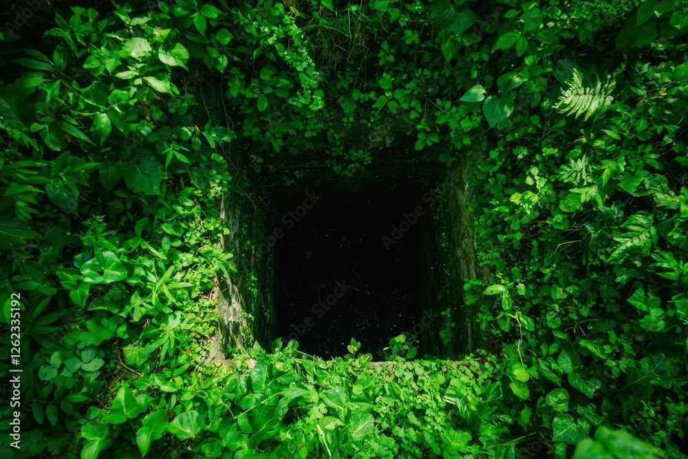 Square Well of Water surrounded by Lush Greenery, Ideal for Nature Travel Brochure Square Well of Water surrounded by Lush Greenery, Ideal for Nature Travel Brochure