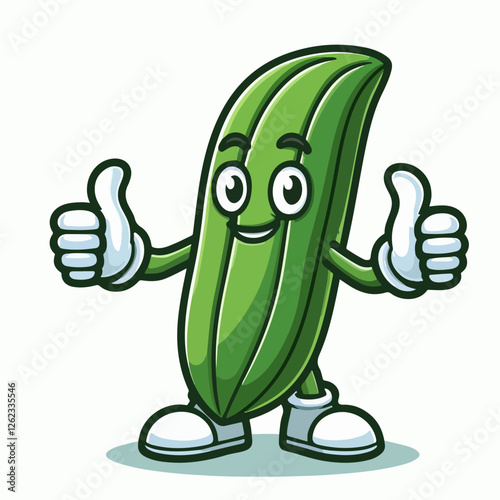 Happy Vegetable Cartoon Character: A cheerful cartoon illustration of a green vegetable giving a double thumbs-up, expressing positivity and healthy eating.  