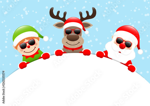 Elf Rentier Und Weihnachtsmann Sonnenbrille Rundes Banner Schnee Blau