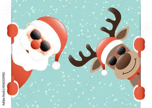 Weihnachtsmann Und Rentier Sonnenbrille Banner Innen Schnee Türkis