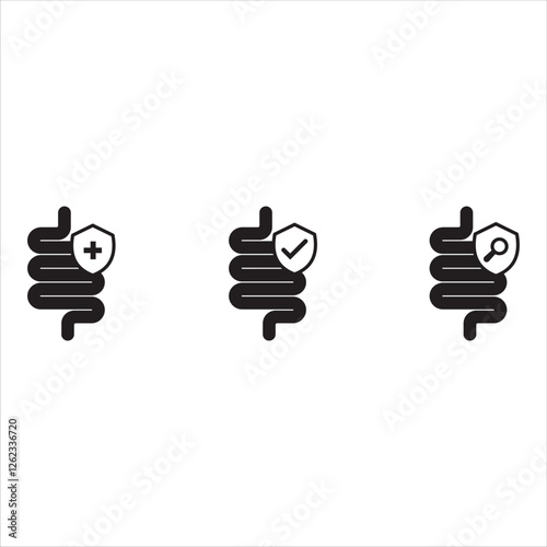 Colitis intestine icon set. Stomach with protected health sign. Check health bowel symbol for medical design. Vector illustration.
