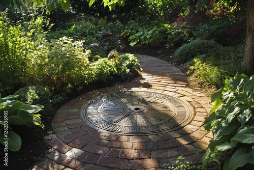 Sundial in Horizontal Design for Garden Path with Brick and Stone Elements