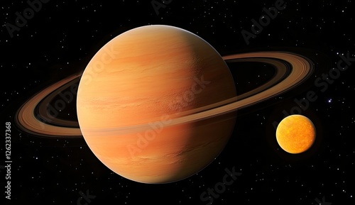 Orange ringed planet and smaller planet in space photo