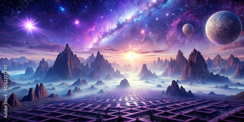 Ethereal Cosmic Landscape with Mountains and Stars in the Sky photo