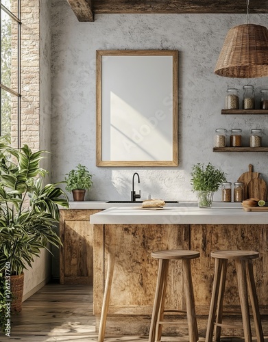 Mock up poster frame in kitchen interior, Farmhouse style, 3d render, Generative AI