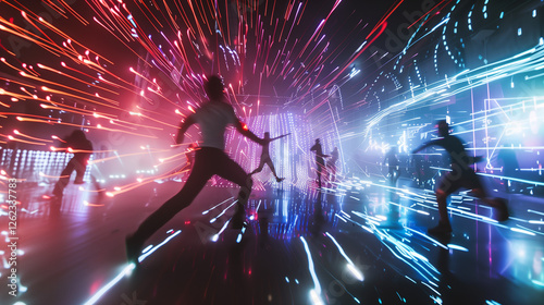 A futuristic dance battle with holographic effects, where dancers leave glowing trails of light as they move, creating a dazzling display of vibrant colors and cutting-edge technology