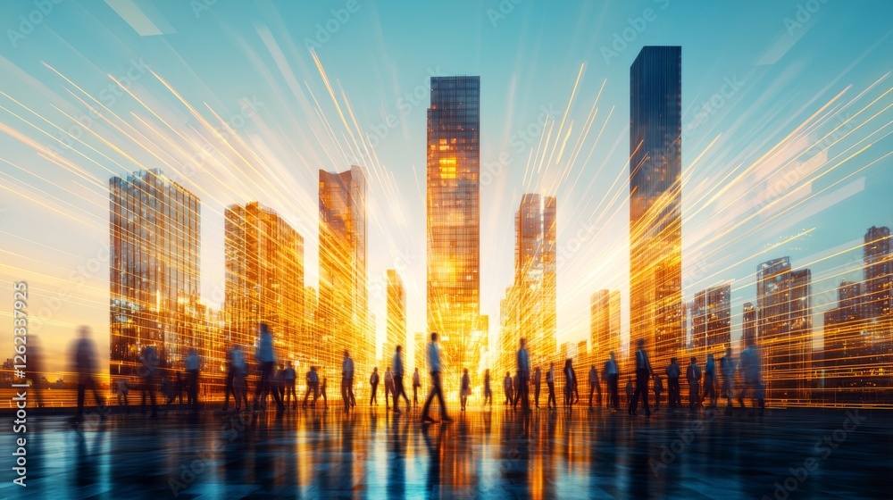 Fototapeta premium Dynamic Cityscape at Dusk with Vibrant Lights