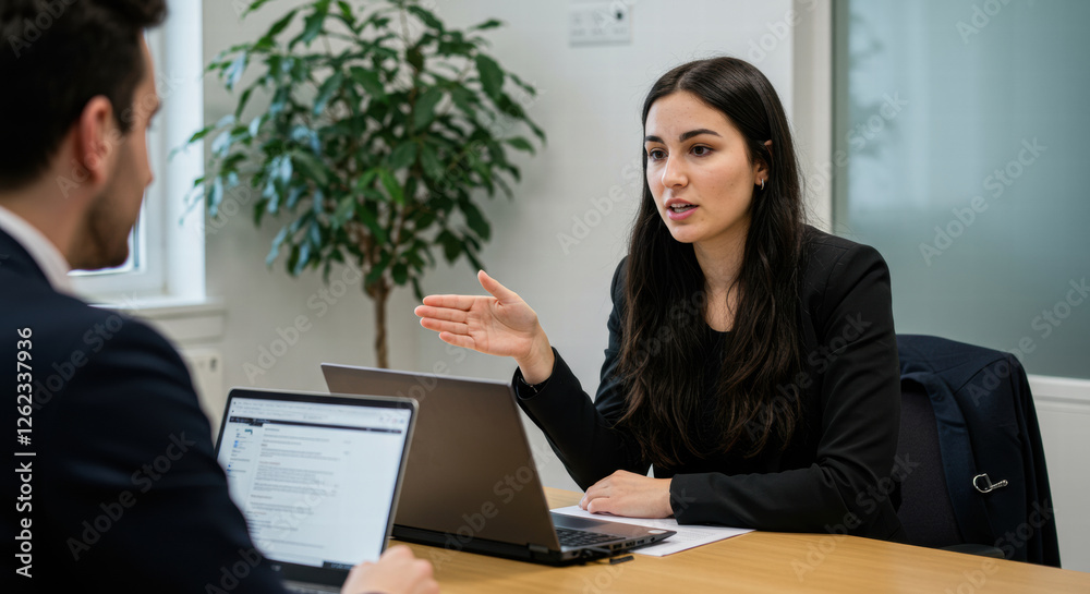Businesswoman working with colleagues in office, using laptop at desk, smiling and collaborating on a project