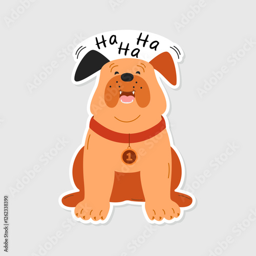Laughing bulldog dog sticker on an isolated background. A sticker with a cheerful dog and the inscription Hahaha. A humorous hand-drawn picture for social media design, web design and logo.