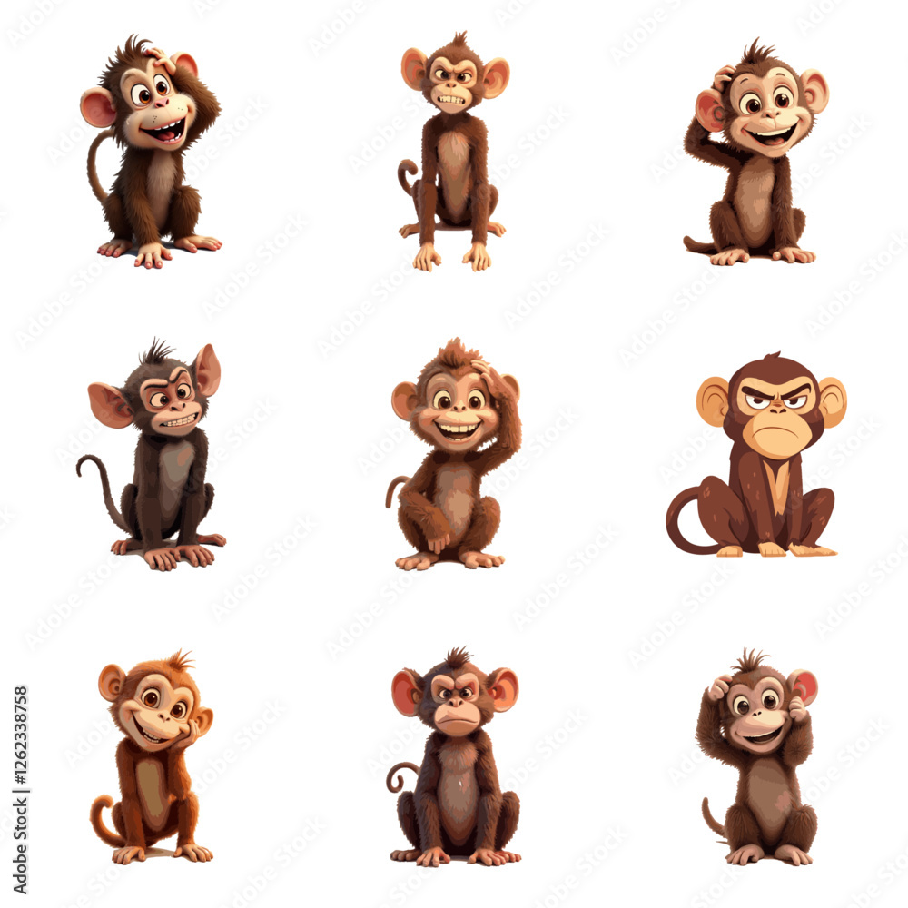 Fototapeta premium set of monkey vector design, cartoon, monkey, animal, set, vector, dog, illustration, bear, animals, character, lion, cat, baby, zoo, wild, toy, cute, icon, jungle, puppy, happy, funny, mammal, art
