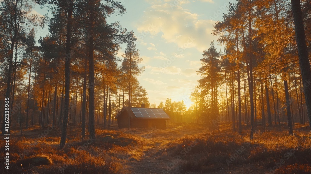 Naklejka premium Off-grid solar cabin in a remote forest, self-sufficient green energy lifestyle, sustainable living, stock photo with side copy space.