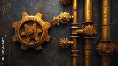 Rusty industrial pipes with gears in a steampunk style on a textured surface