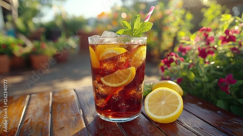 Refreshing iced tea garnished with lemon and mint in a sunny garden setting