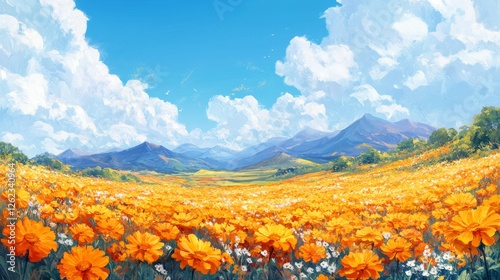 Vibrant orange flower field under a bright blue sky with fluffy clouds in a s...