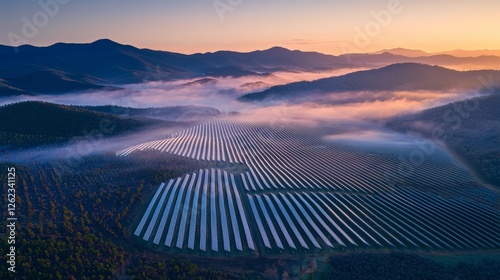 Solar farm integrated with AI monitoring system, data-driven renewable energy optimization, modern clean power solutions, stock photo with side copy space.