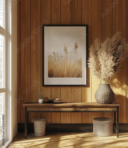 Black wooden frame poster mockup standing on the floor, 3d render, Generative AI