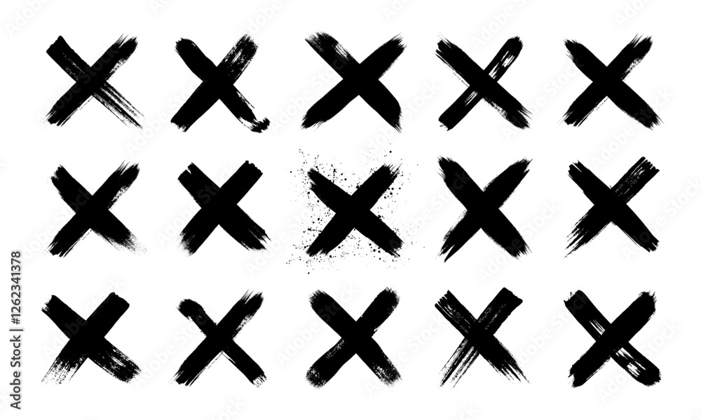 Hand drawn dirty grunge brush strokes cross x vector illustration icon set. Cross mark wrong symbol graphic design collection. Check mark symbol NO button for vote in check box, web, etc.