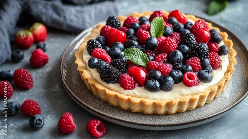 Fresh berry tart with raspberries and blackberries on a plate