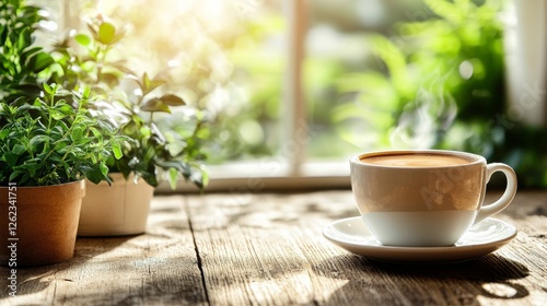 Warm cup of coffee on a wooden table surrounded by plants in a bright, cozy s...