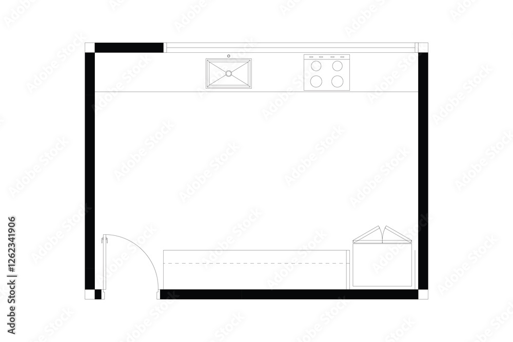 2d layout of kitchen furniture plan of interior design, black lines on white background, isolated. Set 3 2d layout of kitchen furniture plan of interior design, black lines on white background, isolated. Set 3