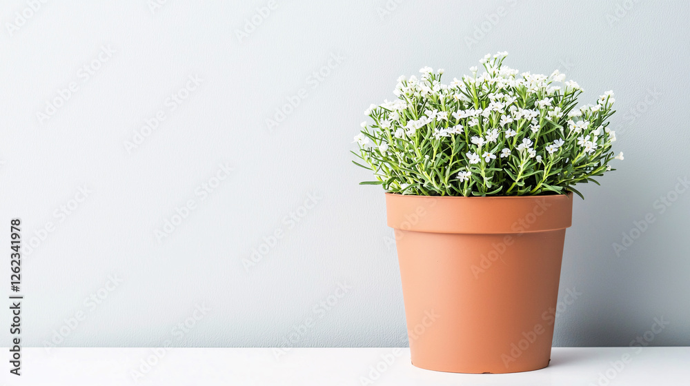 Potted plant with tiny white flowers and vibrant green foliage, set against a minimalist light gray background, showcasing simple elegance. Potted plant with tiny white flowers and vibrant green foliage, set against a minimalist light gray background, showcasing simple elegance.