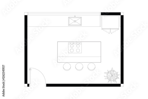 2d layout of kitchen furniture plan of interior design, black lines on white background, isolated. Set 5