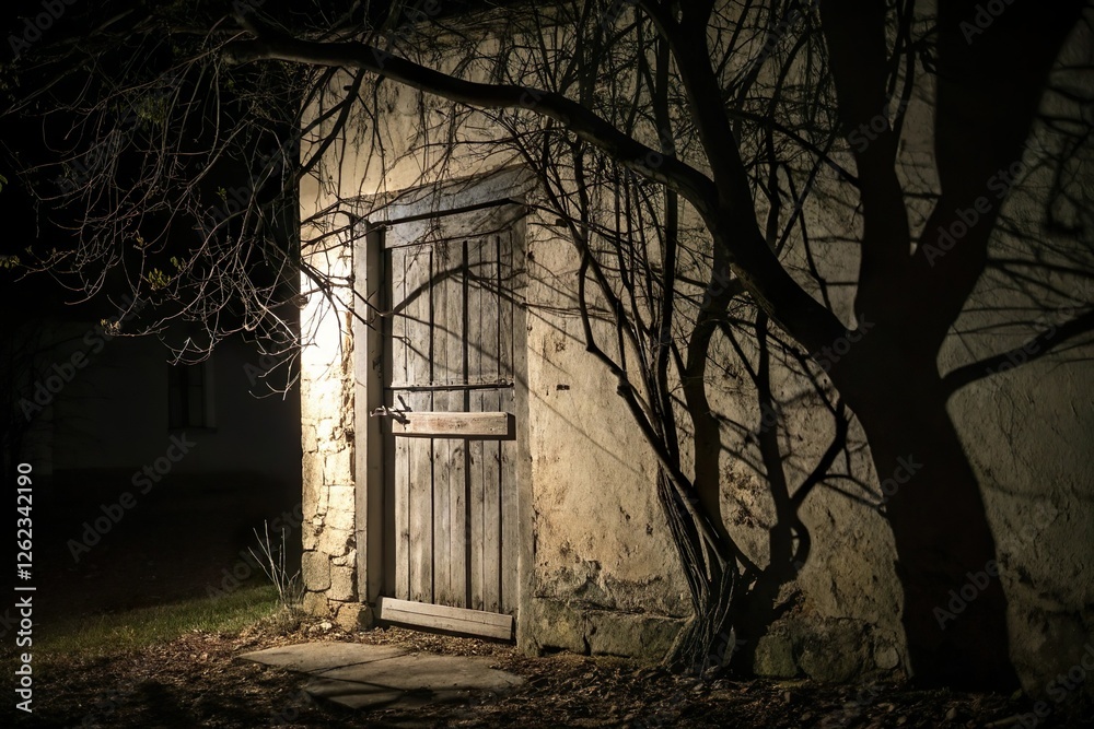 Dark wooden door with shadow. Creepy abandoned house at night Dark wooden door with shadow. Creepy abandoned house at night