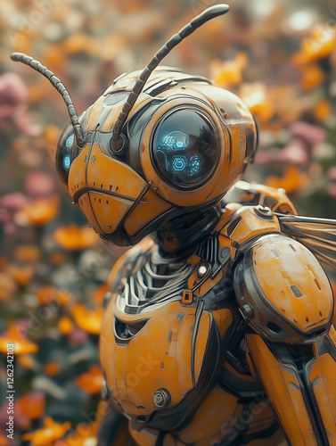 Cute robot pollinators shaped like bees, working in a futuristic greenhouse, holographic flower interfaces, 8k realism