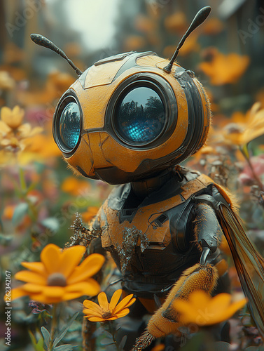 Cute robot pollinators shaped like bees, working in a futuristic greenhouse, holographic flower interfaces, 8k realism
