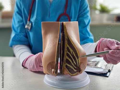Female doctor explains disease and uses anatomical model of breast concept
