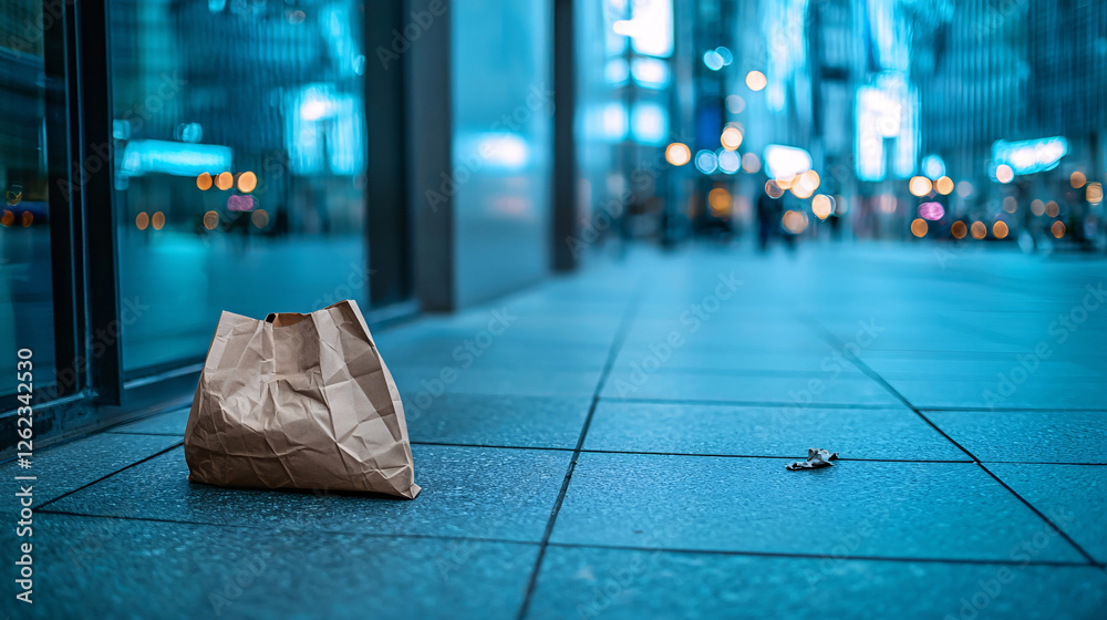 Obraz premium Brown paper bag sits alone on a tiled city sidewalk with blurry building lights in the background.