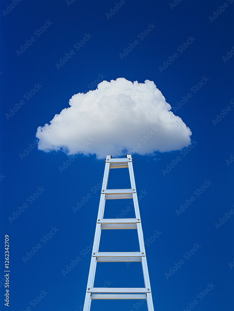 Ladder reaches a fluffy white cloud against a vivid blue sky. Ladder reaches a fluffy white cloud against a vivid blue sky.