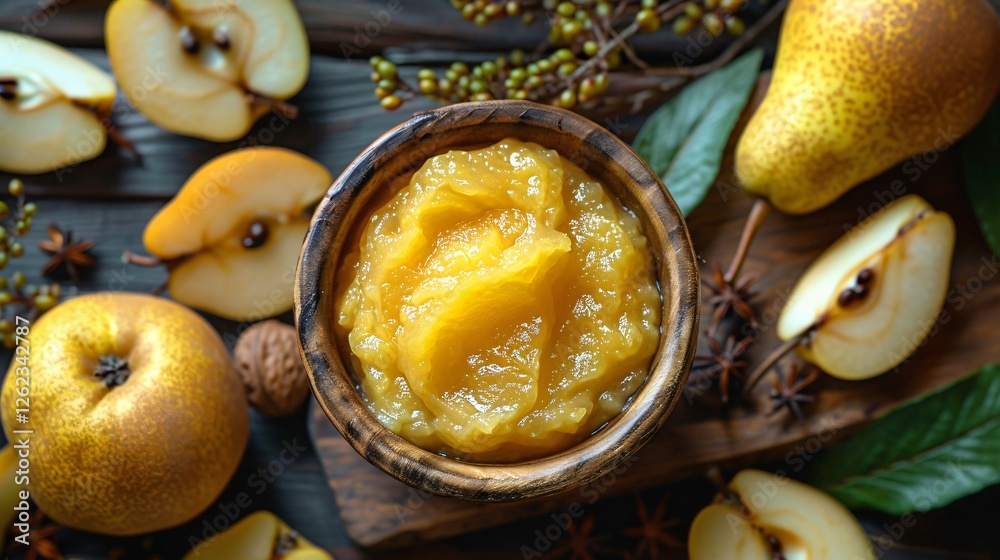 Top view of pear puree. Selective focus top view Top view of pear puree. Selective focus top view
