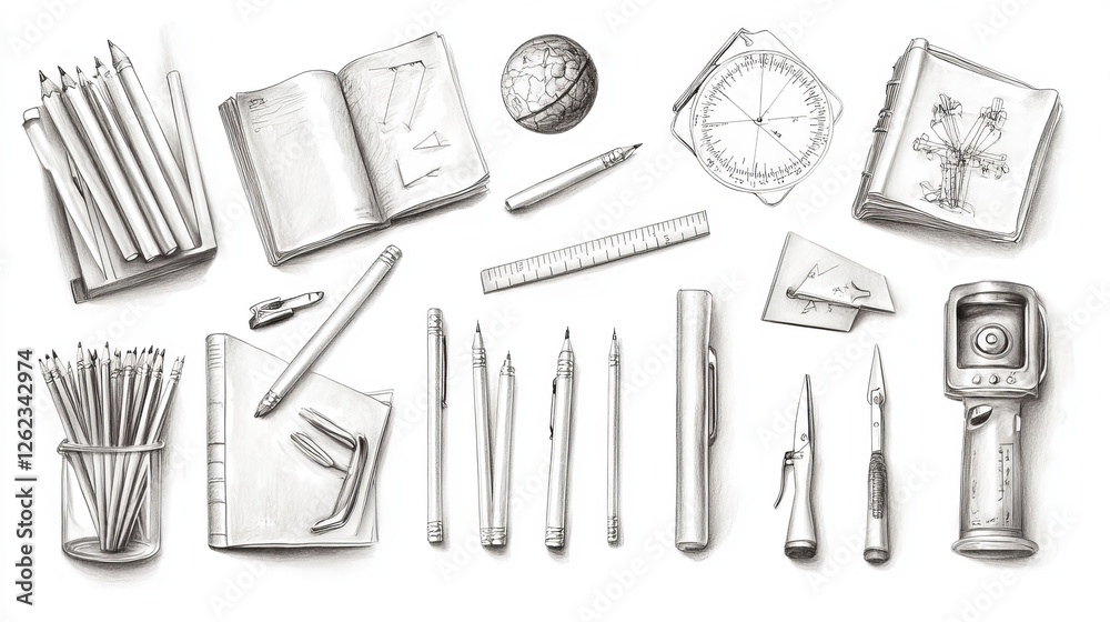 Books and stationery sketches, education and knowledge. Vector scheme, draft and book, check list and textbooks, palette and pencil, shelf and laptop, brush and rulers, scissors divider, protractor Books and stationery sketches, education and knowledge. Vector scheme, draft and book, check list and textbooks, palette and pencil, shelf and laptop, brush and rulers, scissors divider, protractor