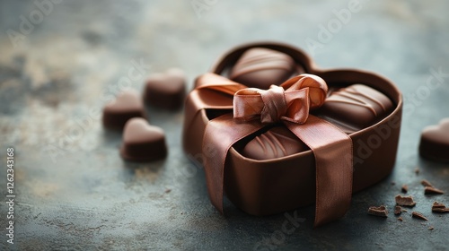 Heart shaped chocolate box with a pink ribbon displayed on a light surface
