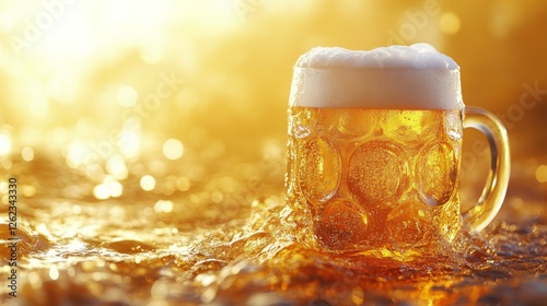 Golden beer in a glass sitting on a sparkling surface surrounded by bubbles a...