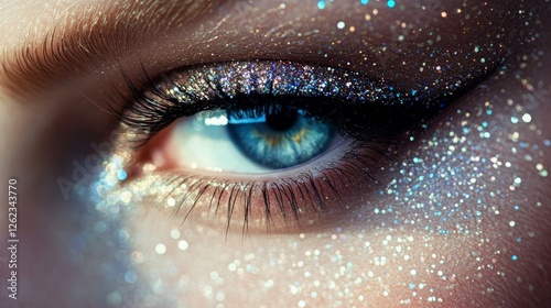 Vibrant blue eye adorned with sparkling makeup and a soft bokeh background cr...