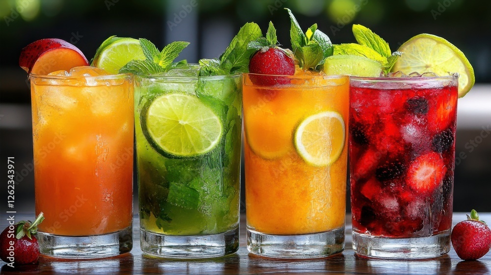 Refreshing and Colorful Mixed Drinks Displayed in Elegant Glasses Showcasing Fresh Fruits and Garnishes for Upscale Gatherings and Celebrations Refreshing and Colorful Mixed Drinks Displayed in Elegant Glasses Showcasing Fresh Fruits and Garnishes for Upscale Gatherings and Celebrations