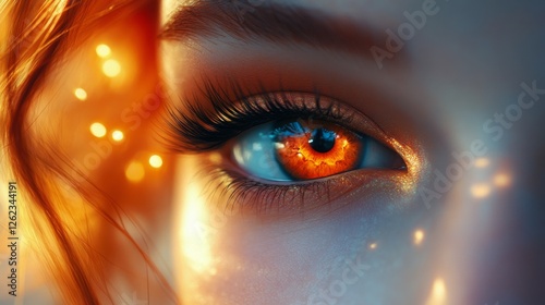 Captivating close-up of a model's eye reflecting vibrant orange hues and spar...
