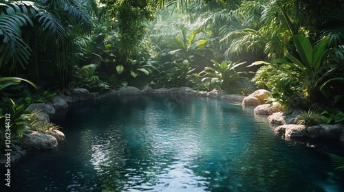 Lush tropical river surrounded by dense vegetation in a serene jungle setting