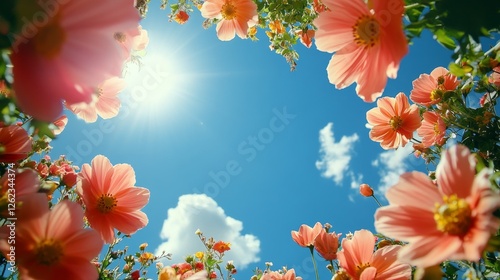 Colorful blossoms frame a serene sky during a bright spring afternoon