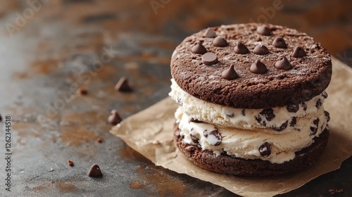 Delicious chocolate chip cookie ice cream sandwiches stacked on a turquoise b...