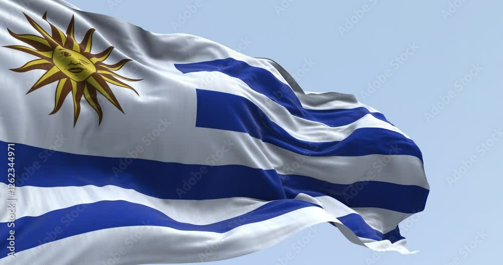 Close-up of Uruguay national flag fluttering in the wind on a sunny day
