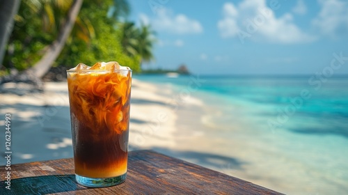 Refreshing iced coffee on a tropical beach with clear blue waters and palm tr...